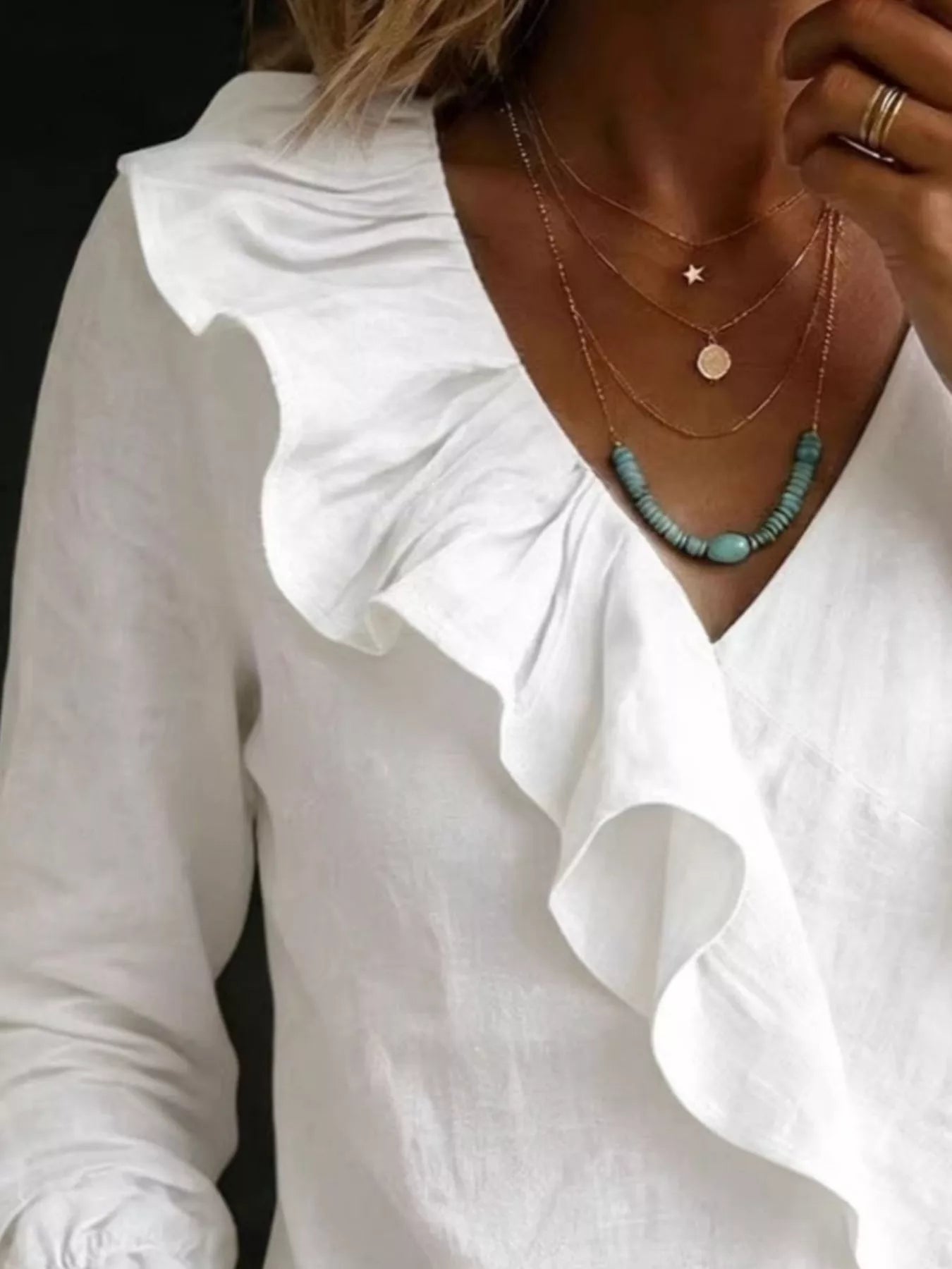 Plus size long sleeve ruffled blouse from Trendsi, featuring full coverage and feminine ruffle details, in a stylish top.