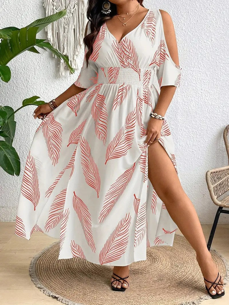 Women’s off-shoulder cross V-neck maxi dress by FitiqueFit, casualwear with flowing fabric and stylish off-shoulder design.