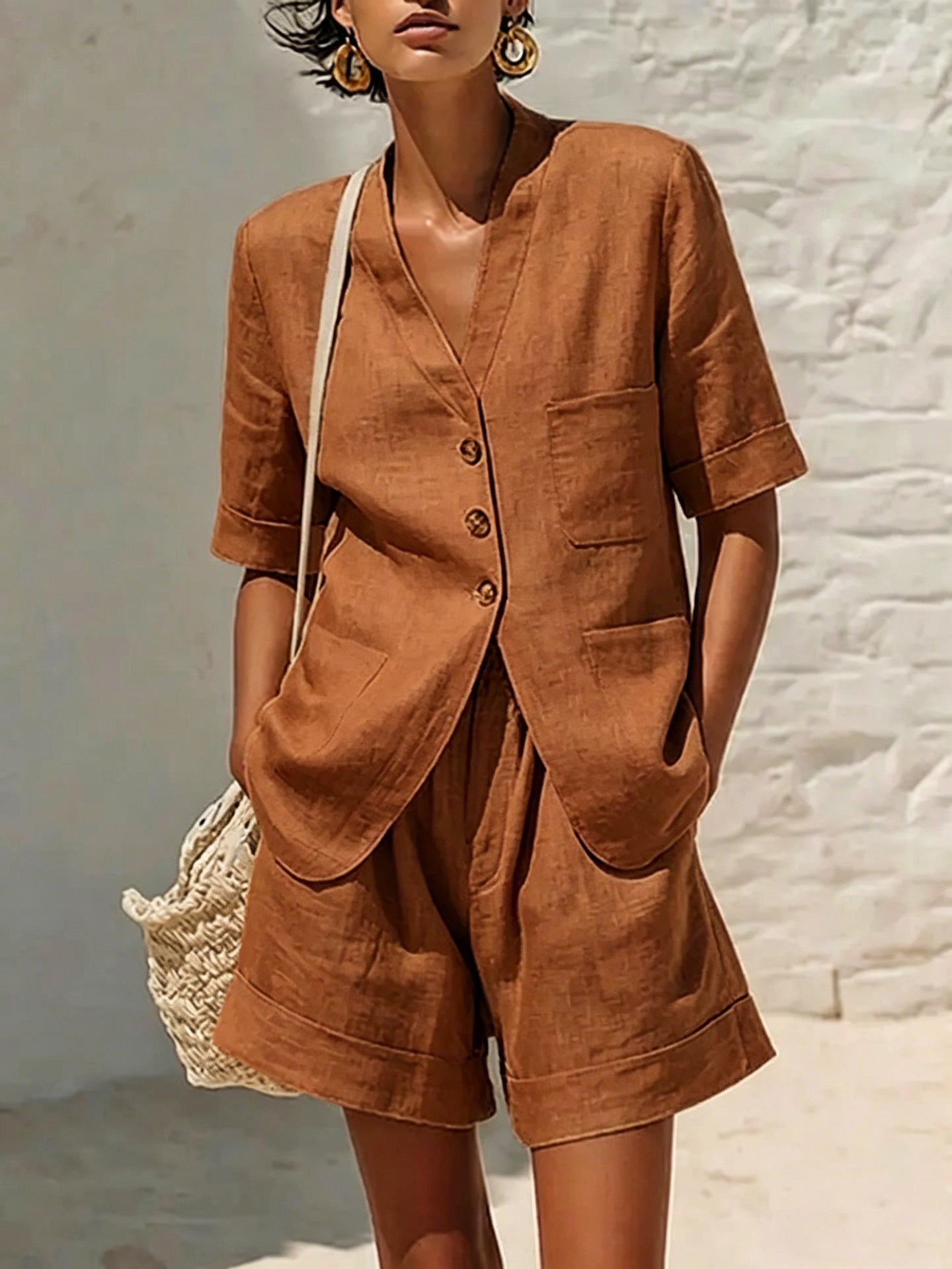 Women's cotton-linen casual two-piece set featuring a loose-fit T-shirt and cropped shorts from FitiqueFit, perfect for relaxed styling.