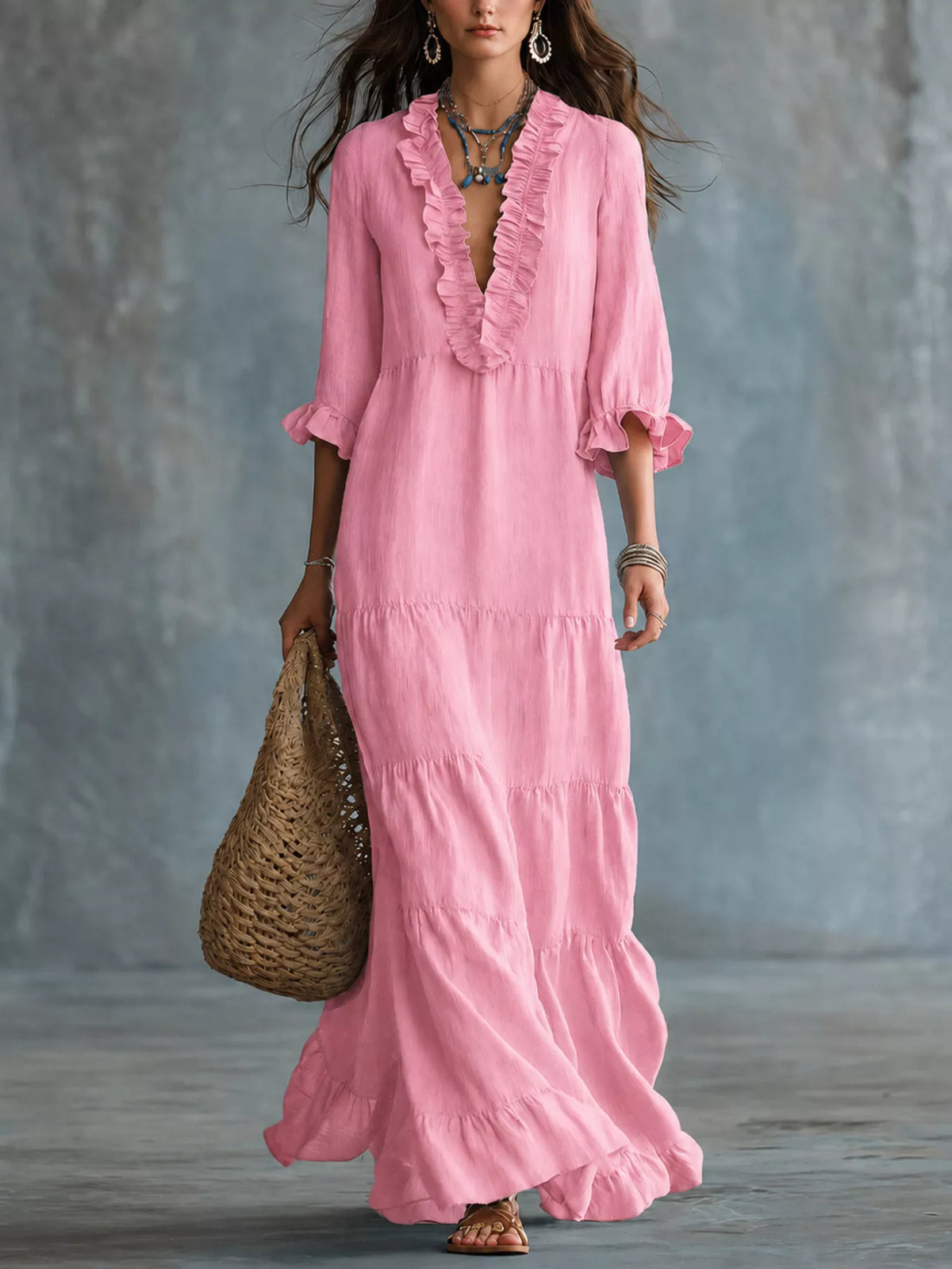 Ruffled V-neck tiered maxi dress by Trendsi featuring flowing fabric and layered design, perfect for elegant summer occasions.