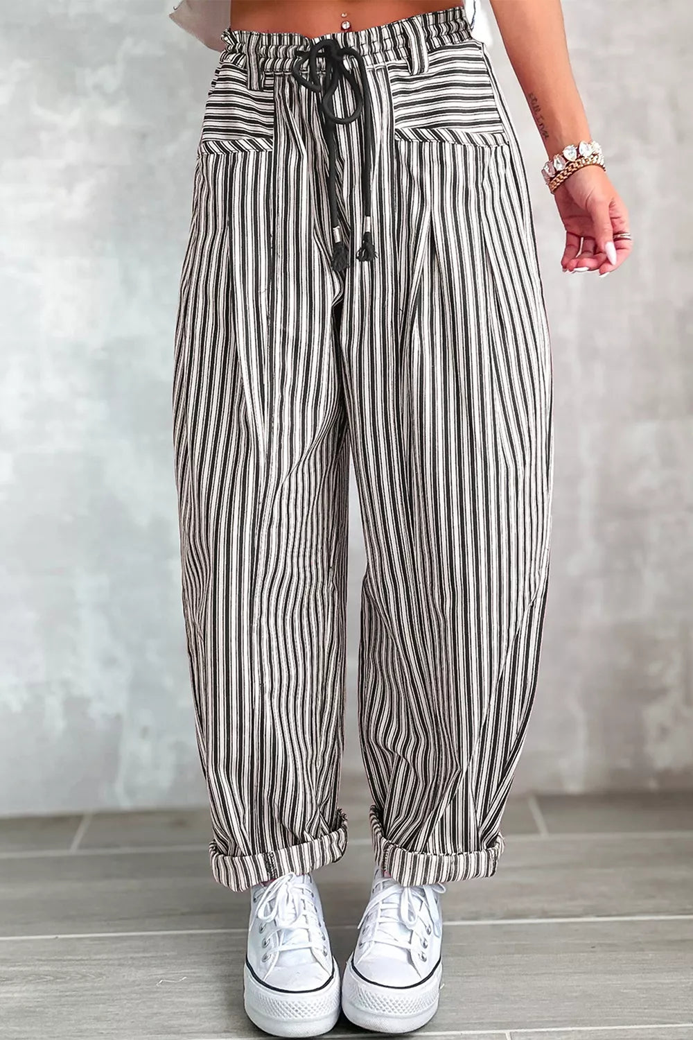 Light gray stripe drawstring casual loose pants from Trendsi, featuring a relaxed fit and comfortable waistband.
