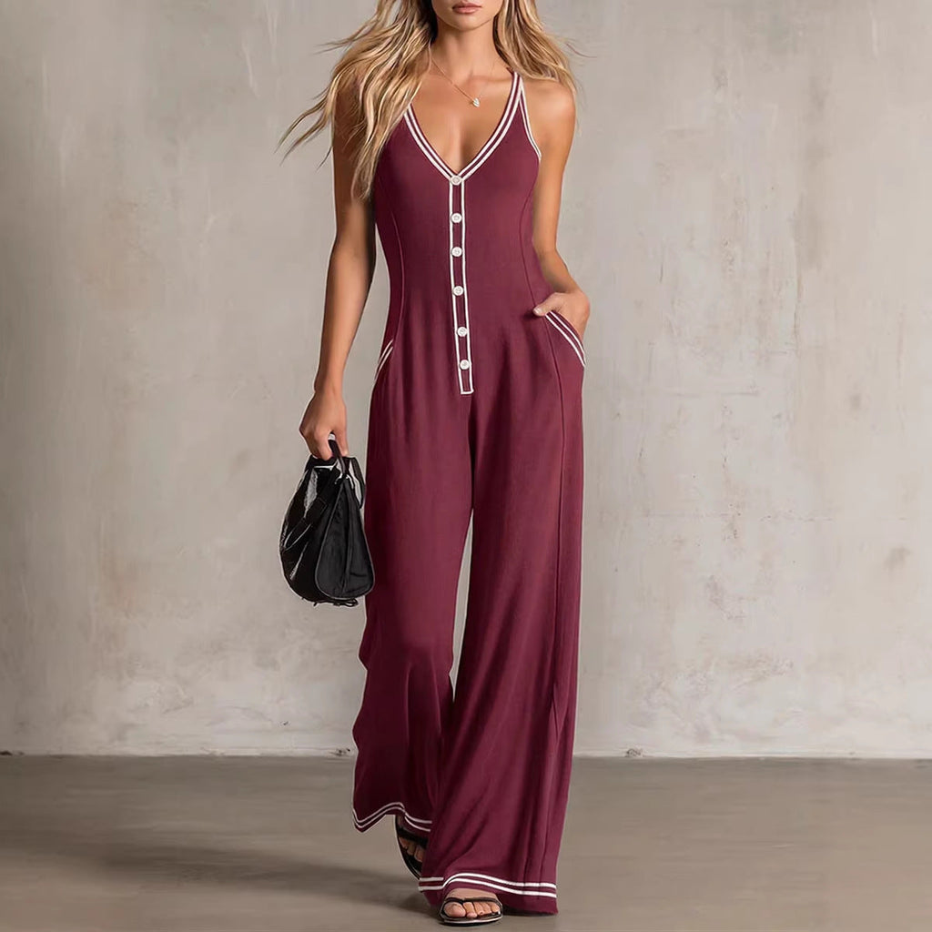 Women's V-neck backless wide-leg jumpsuit by FitiqueFit, high waist casualwear with flowing fabric and sleeveless design.