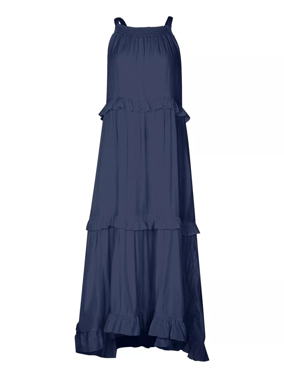 Plush Fashion Hub sleeveless maxi dress with ruffled tiered design, flowing fabric, ideal for summer or casual wear.