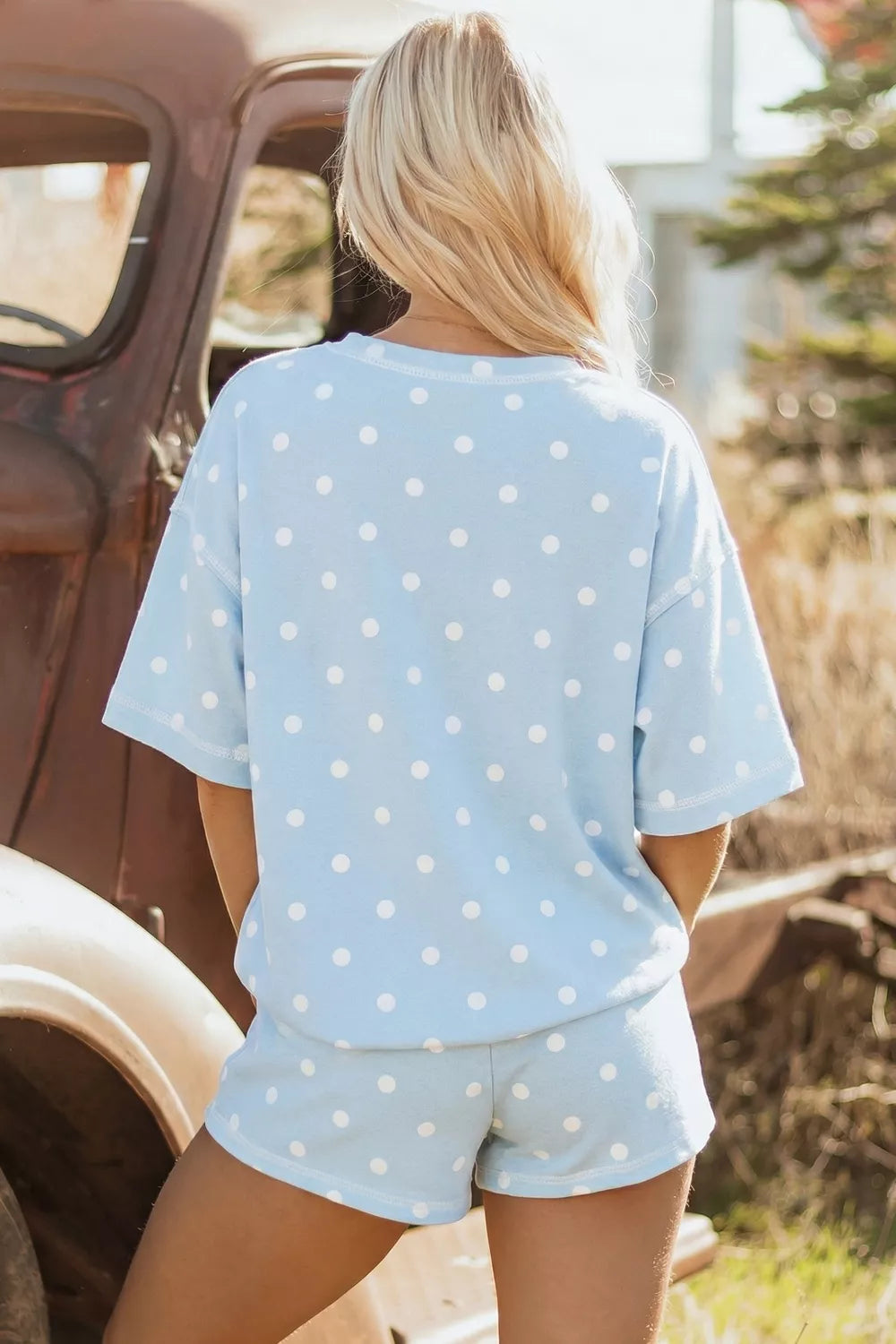 Plush Fashion Hub polka dot round neck top and shorts set, stylish matching outfit with a playful design and comfortable fit.