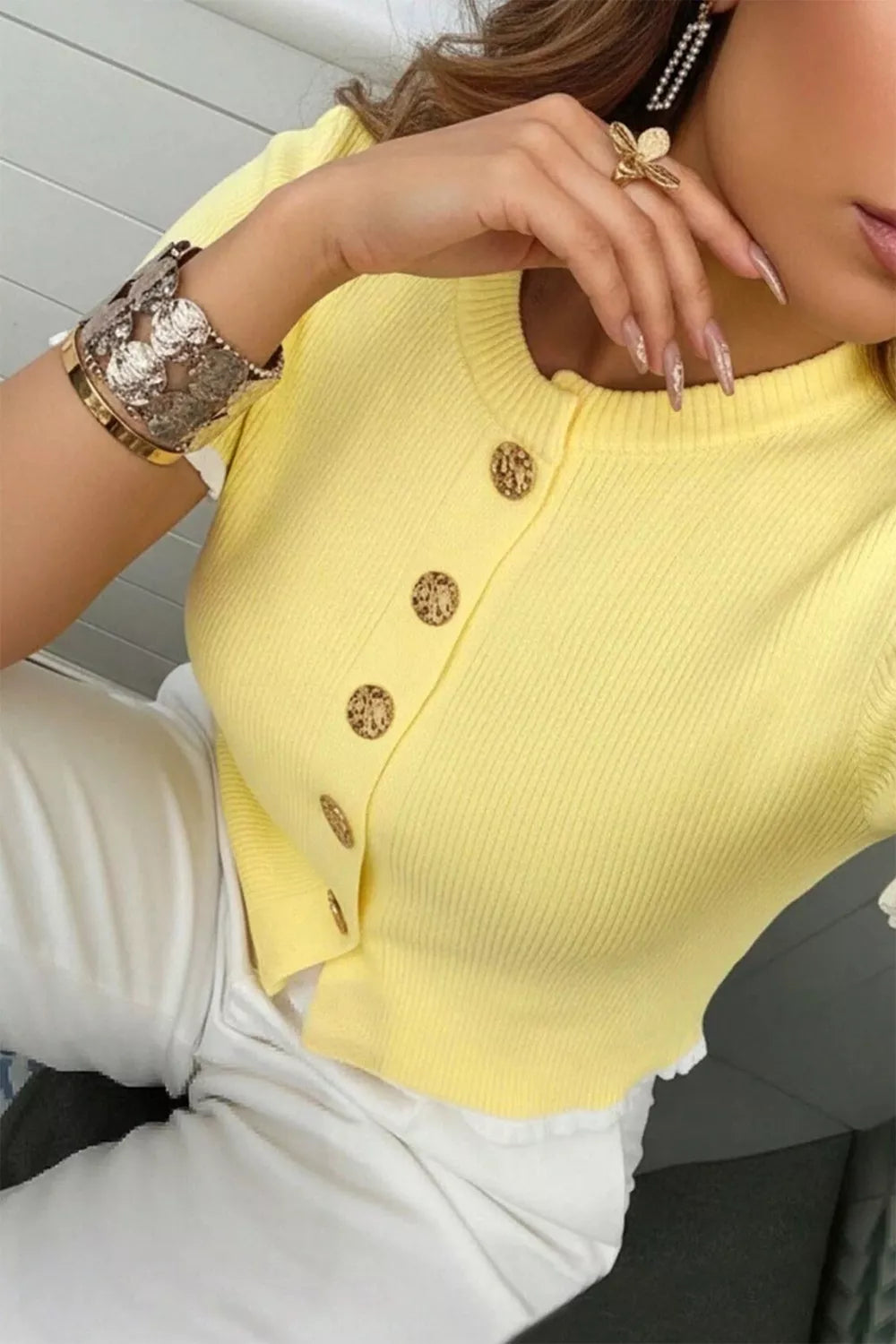 Ribbed knit contrast frilled short sleeve sweater cardigan by Plush Fashion Hub, featuring a stylish design and textured fabric.