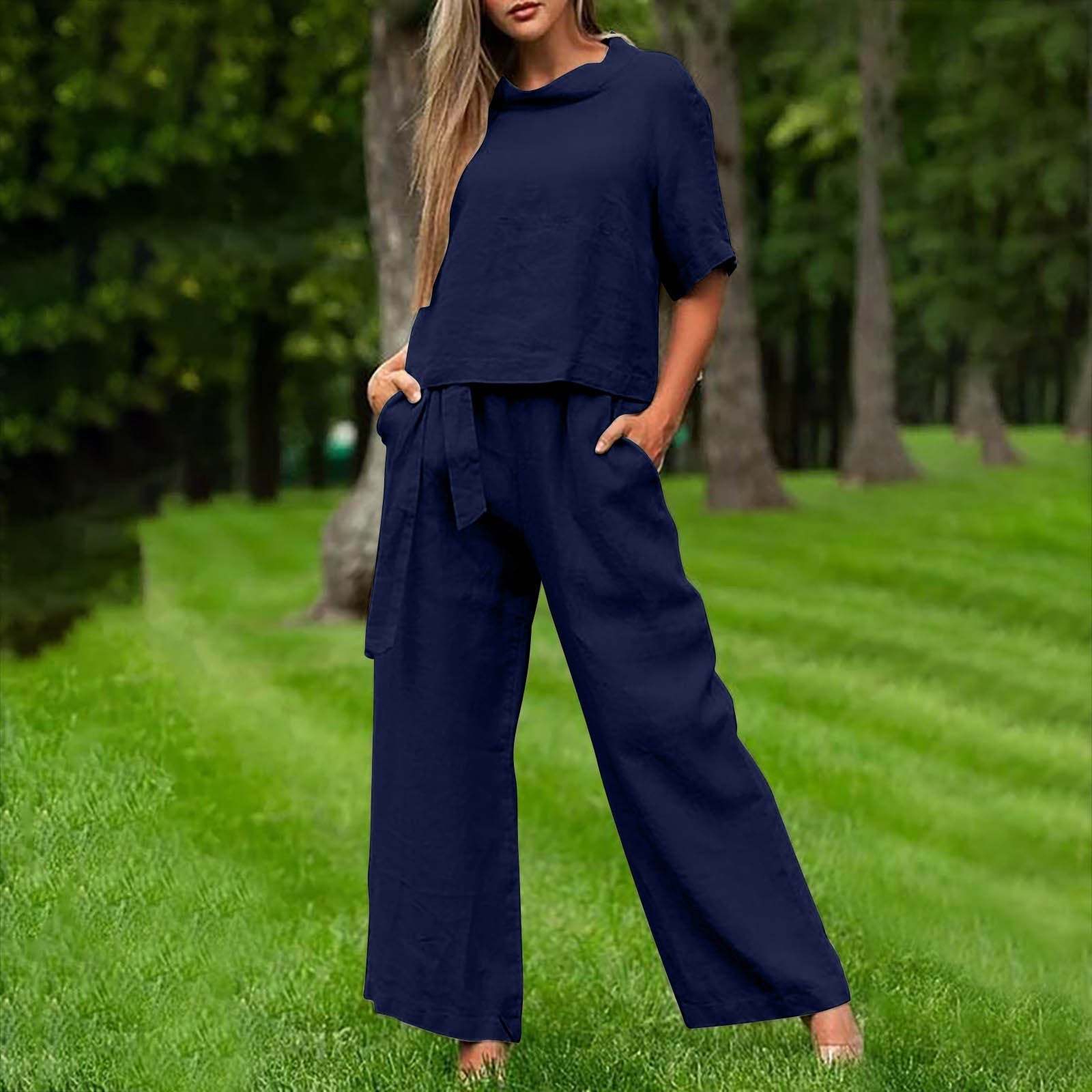 FitiqueFit casualwear two-piece set with round-neck 3/4 sleeve top and matching pants in six colors, available in sizes S to XXL.