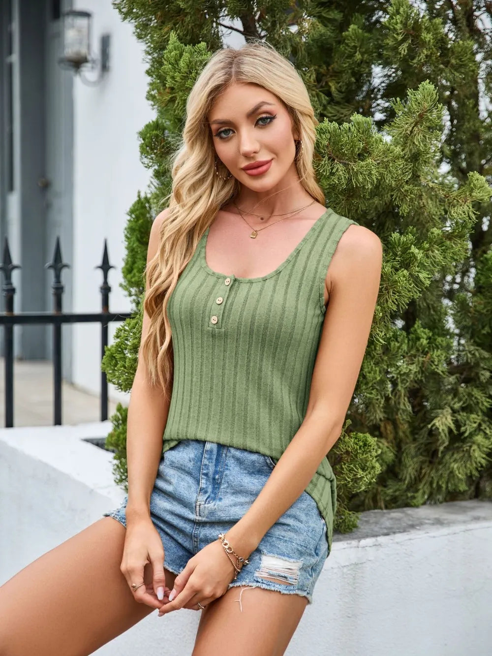 Plush Fashion Hub scoop neck wide strap tank top, sleeveless tops with a relaxed fit and comfortable wide straps on a neutral background.