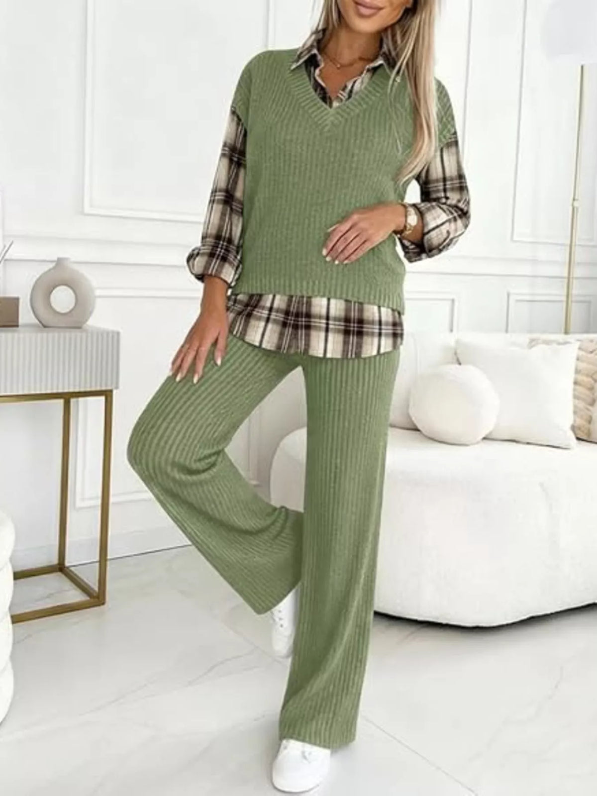 Ribbed knit plaid sleeve top and matching pants set by Trendsi, featuring a cozy, stylish design perfect for casual wear.