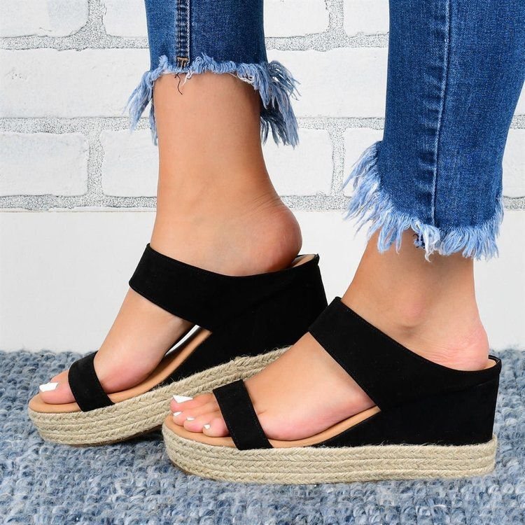 European and American wedge slippers for women with hemp rope design, casual flat sandals from LadyShow. Store.