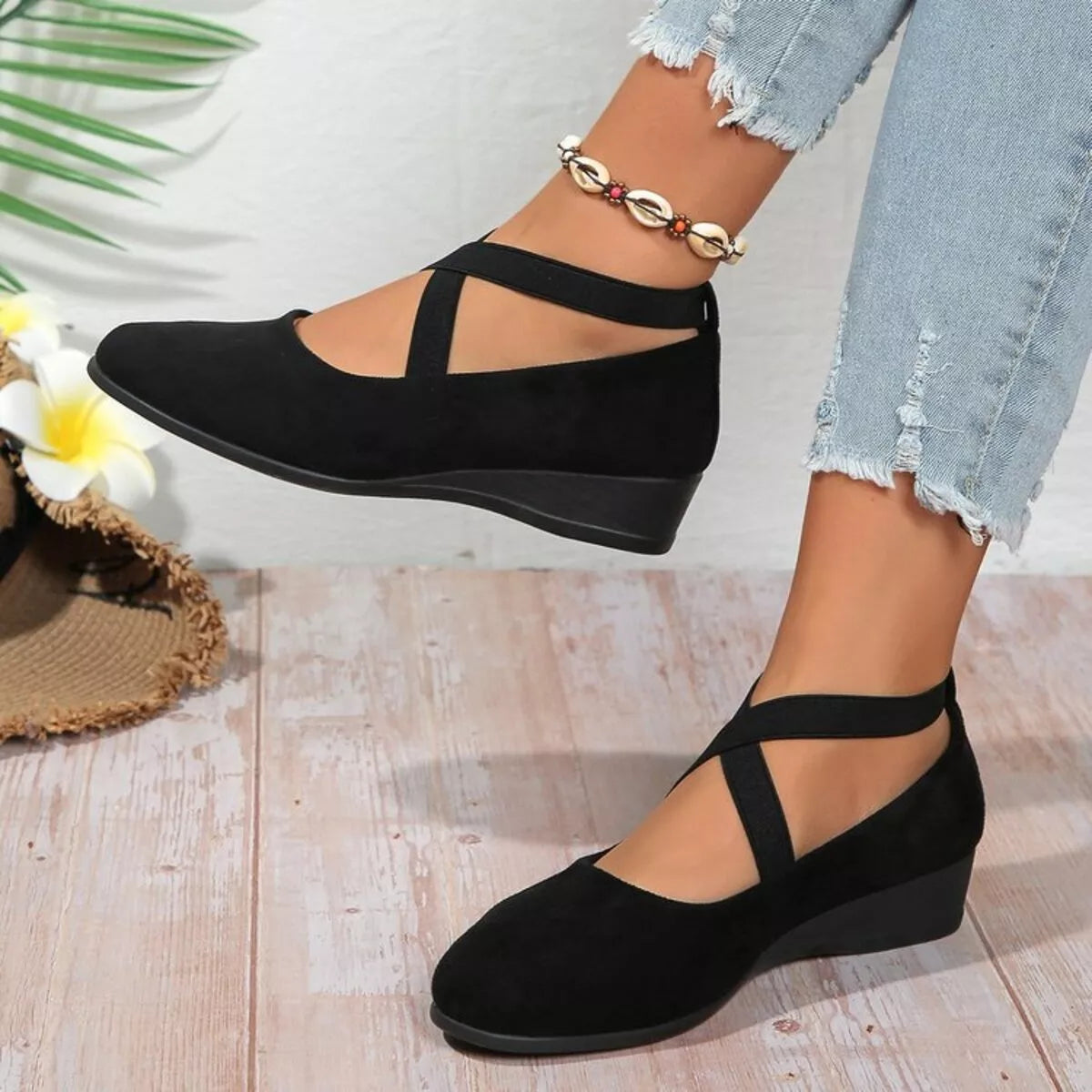 Round toe wedge loafers by Trendsi, stylish footwear with a sleek design and comfortable wedge heel, shown in a side view.
