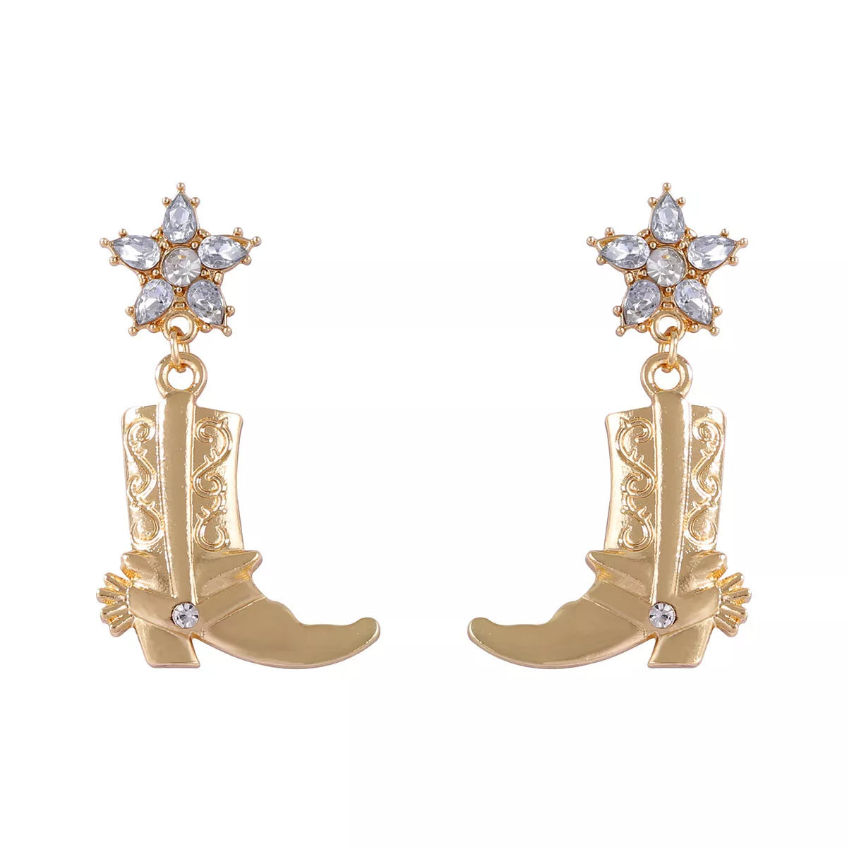 Western style boot dangle earrings with detailed design, perfect for adding a fashion-forward touch to outfits.