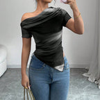 Women’s tie-dye one-shoulder mesh ruched top by FitiqueFit, casualwear, featuring asymmetrical stretch design for stylish outings.