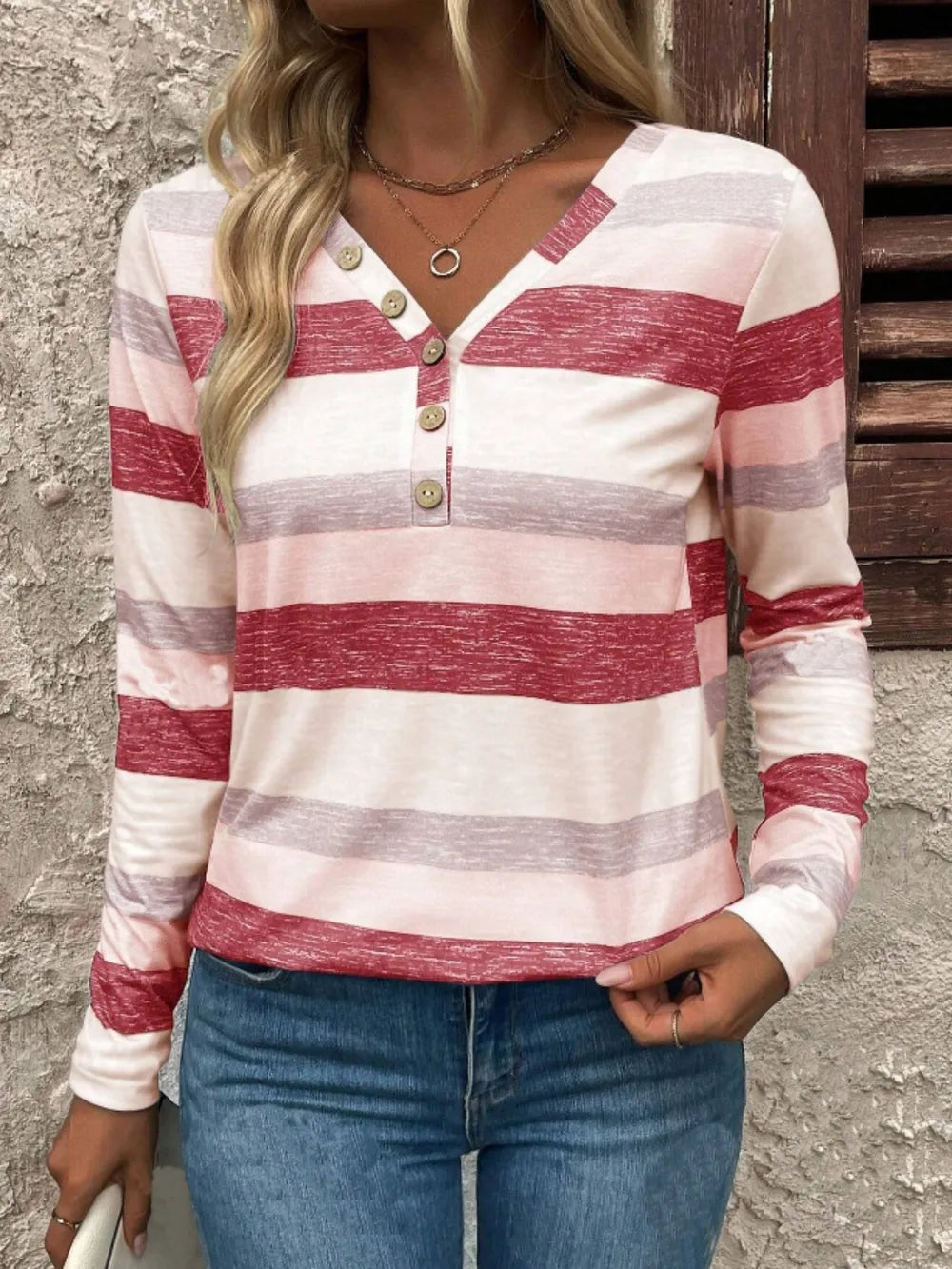 Contrast striped V-neck long sleeve T-shirt from Plush Fashion Hub, featuring a stylish design and comfortable fit.
