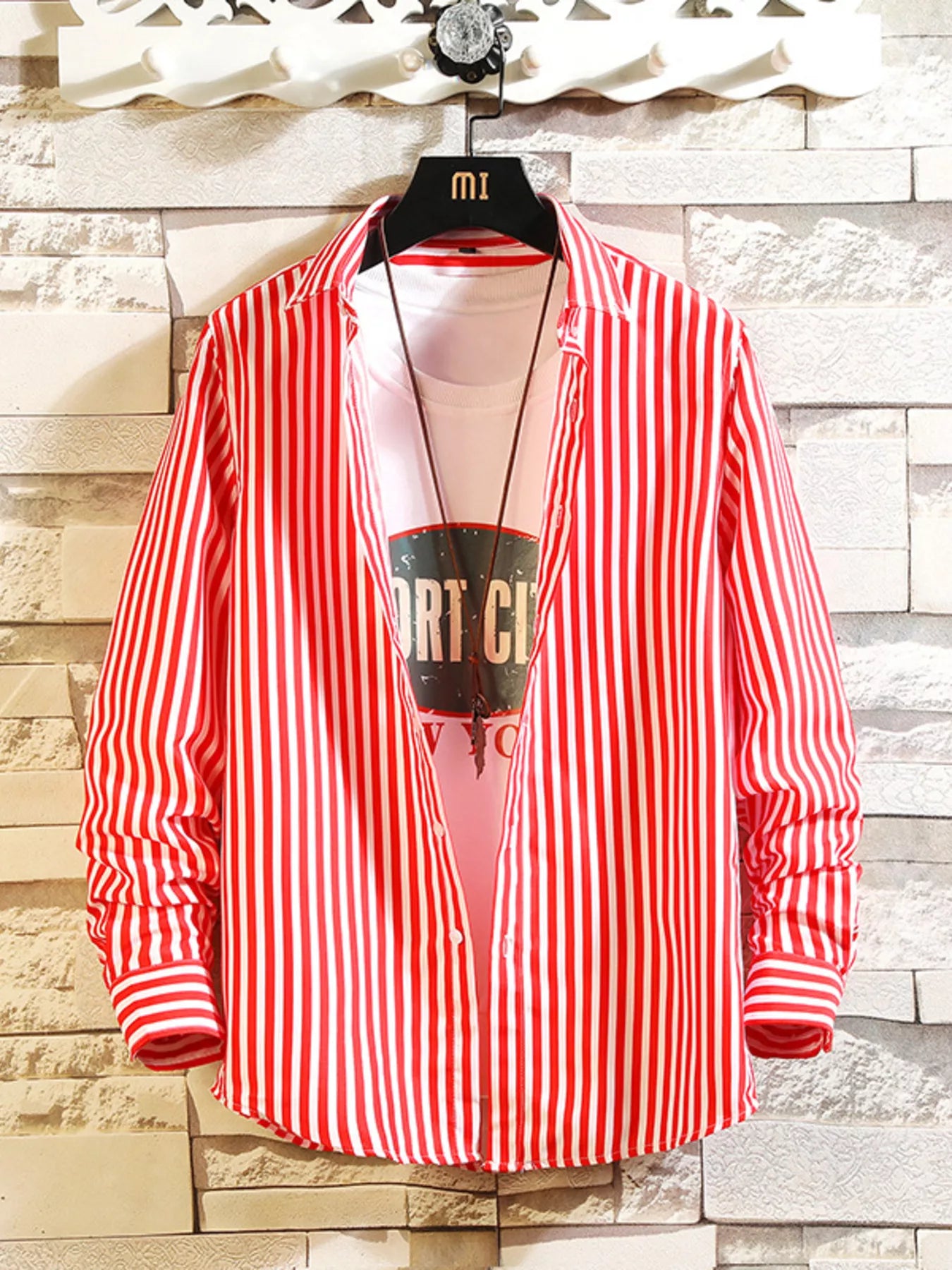 Men's plus size striped casual button-up shirt by Trendsi, featuring a relaxed fit and classic design in a close-up image.