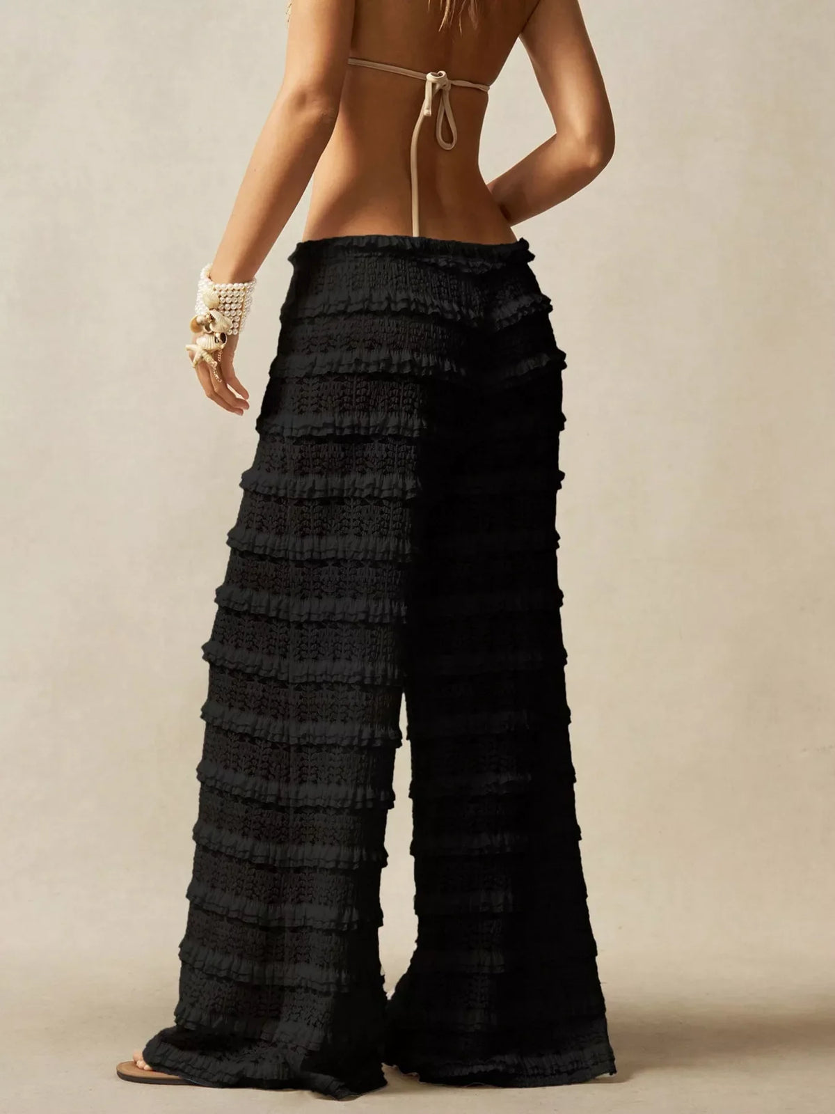 Lace drawstring wide-leg pants from Plush Fashion Hub featuring delicate lace details and a relaxed fit.