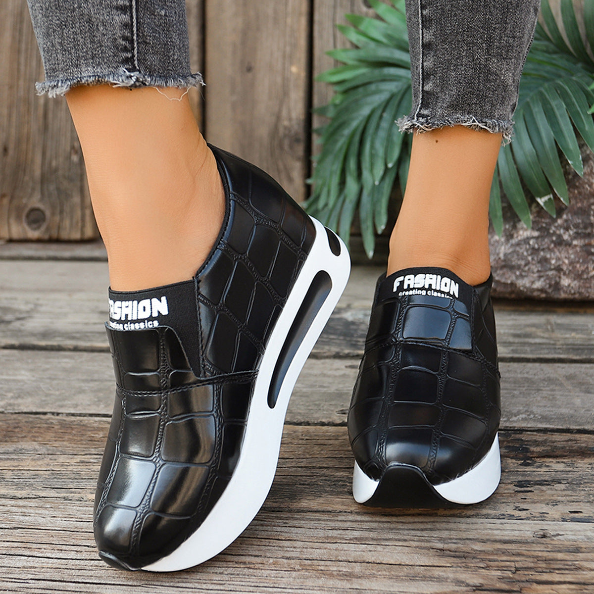 Women's Faux Leather Crocodile Pattern Platform Sneaker by Plush Fashion Hub featuring slip-on design and textured crocodile pattern.
