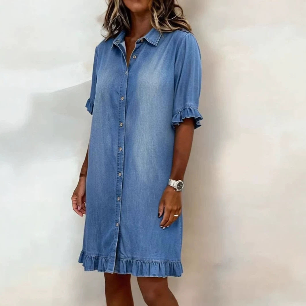 Women's faux denim ruffle-sleeve shirt dress by FitiqueFit, casualwear with ruffled sleeves and button-front design.