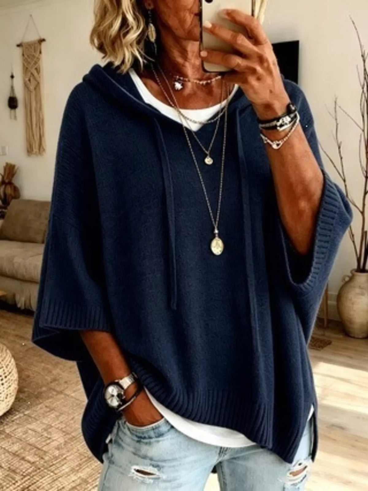 Plus size full-zip drawstring hoodie sweater with 3/4 sleeves from Trendsi, featuring a cozy hood and relaxed fit.