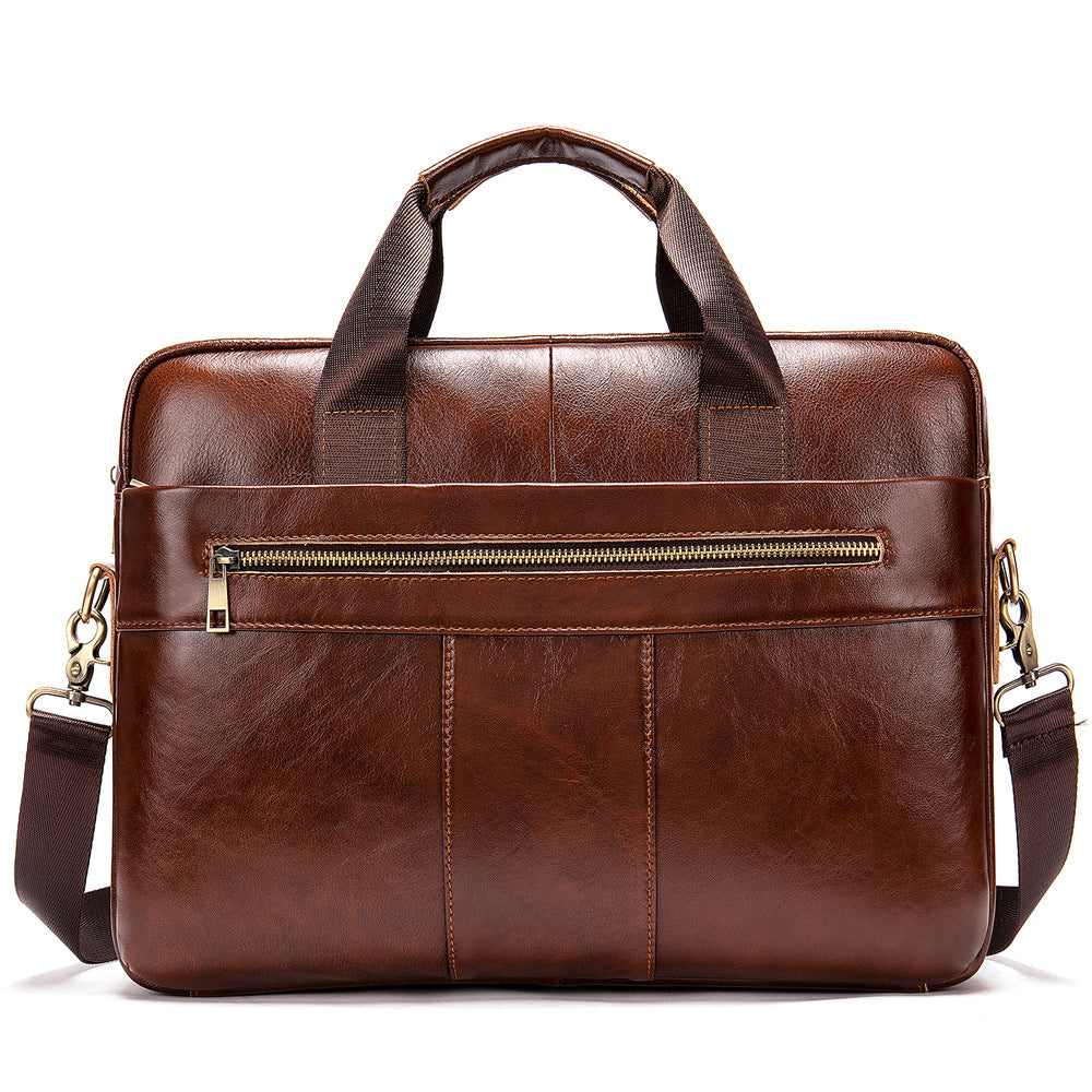 Pi-Mart leather retro casual briefcase with light finish, featuring sturdy handles and a classic business design.