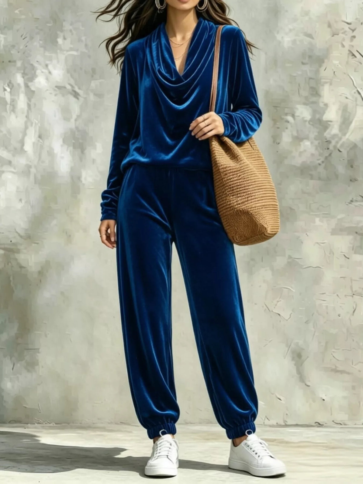Women’s cowl neck top and joggers set by Trendsi, featuring a cozy cowl neckline and comfortable matching joggers.