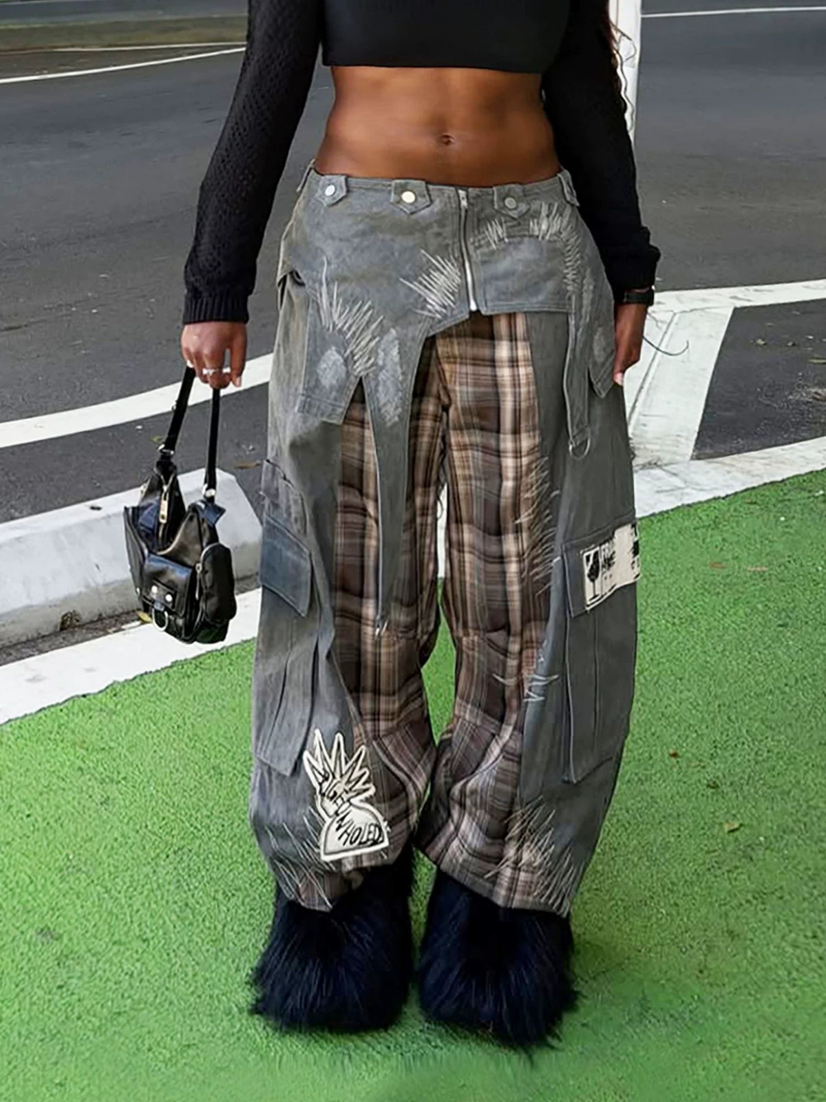 Plaid patchwork embroidered street style jeans by Plush Fashion Hub featuring colorful patchwork and detailed embroidery.