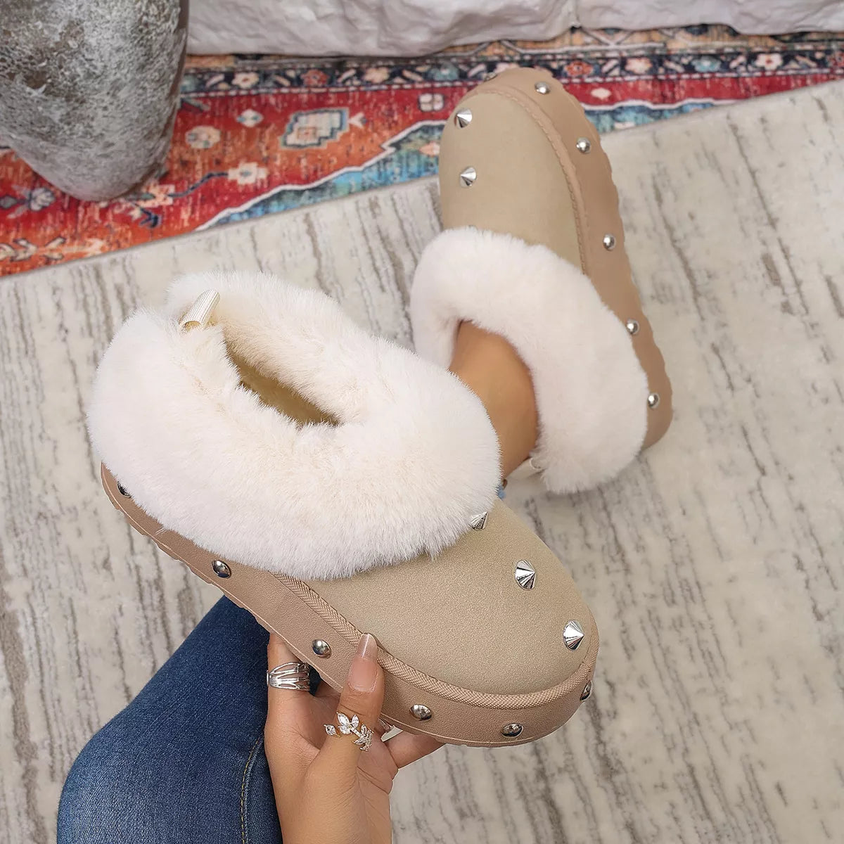 Trendsi studded platform winter boots with faux fur lining, featuring a chunky sole and decorative metal studs.