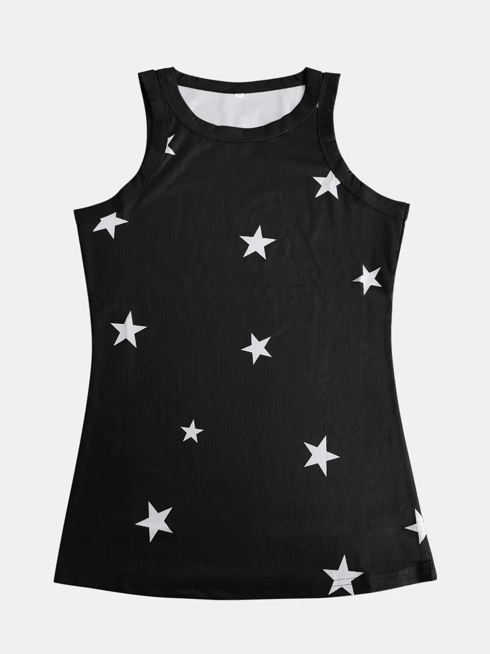 Women’s star print cotton blend round neck casual tank top by Plush Fashion Hub, featuring a stylish star design and comfortable fit.