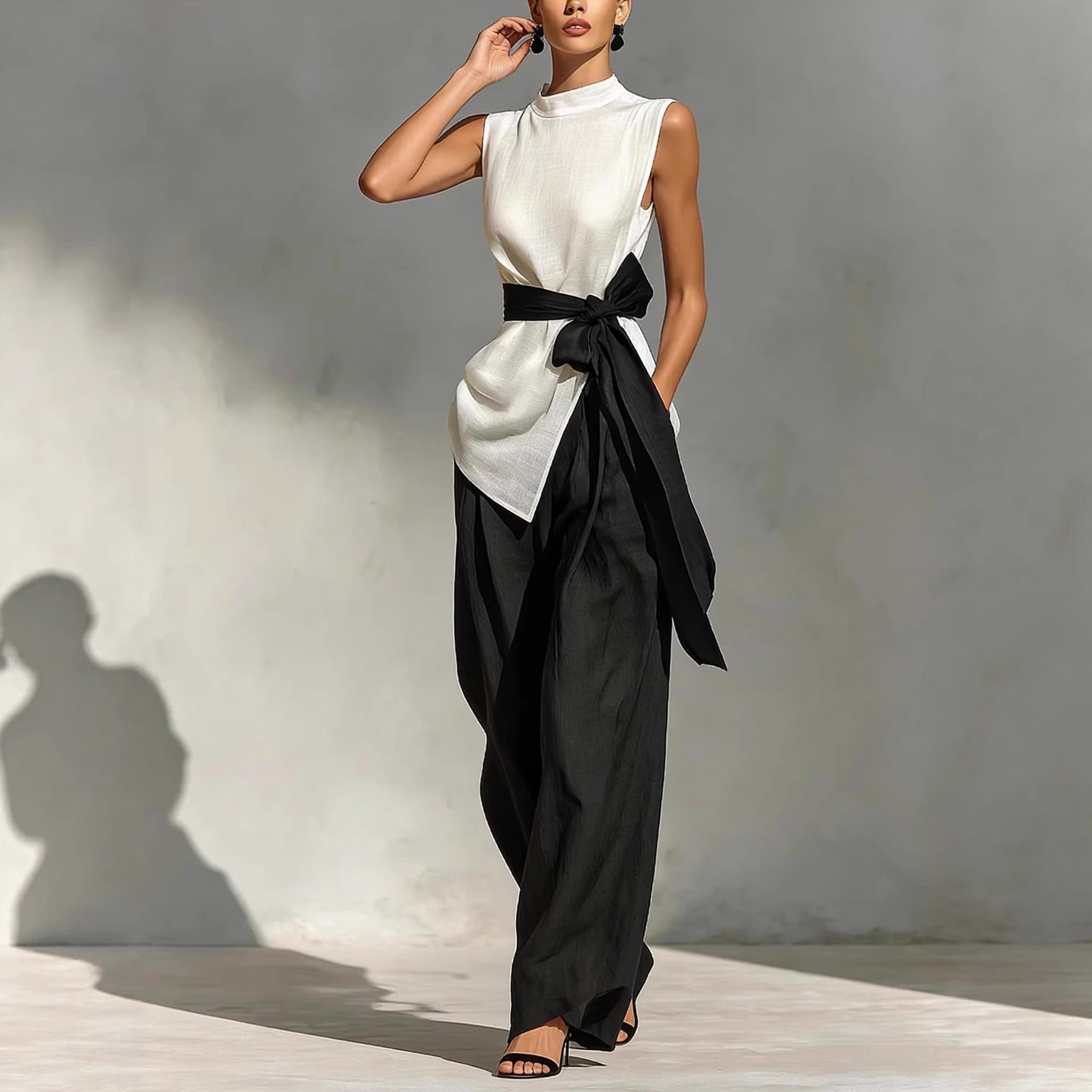 White women's lace-up sleeveless top and wide-leg pants two-piece casualwear set by FitiqueFit, styled for a modern look.