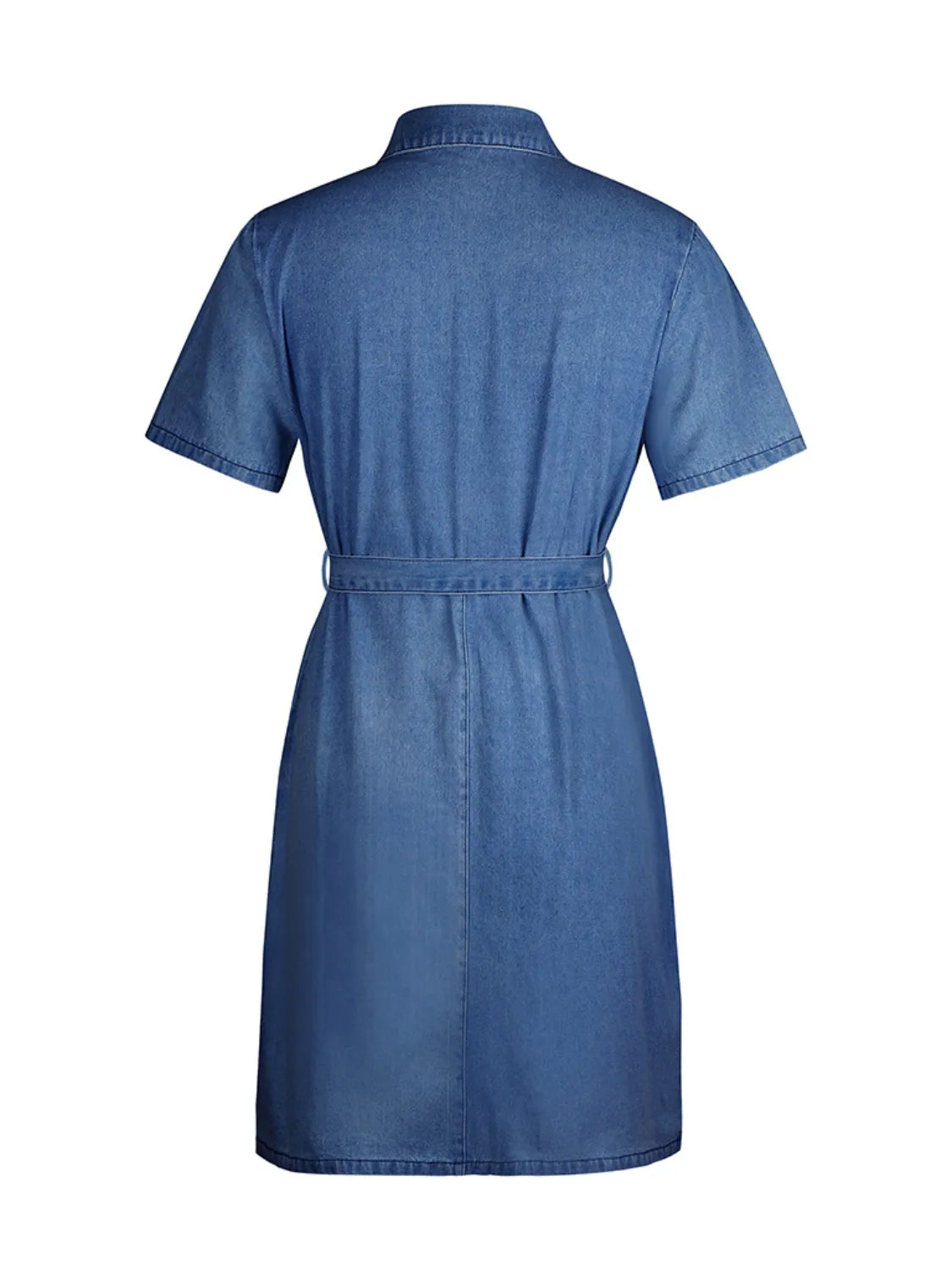 Plus size denim dress by Plush Fashion Hub with short sleeves and full front zip, displayed on a hanger.
