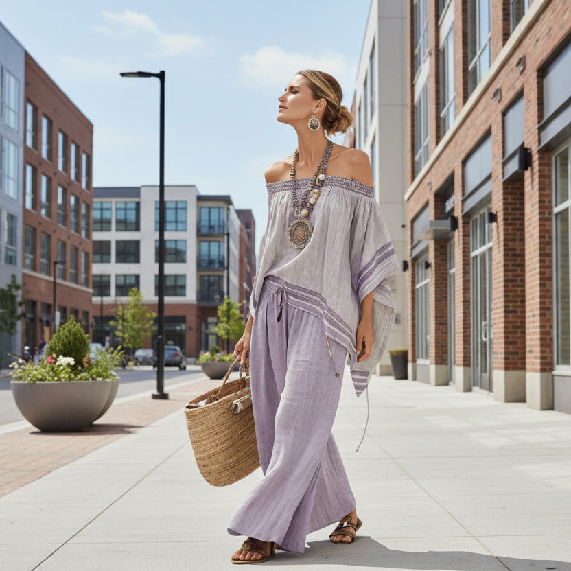 Women’s beach vacation two-piece casualwear set by FitiqueFit, featuring a loose summer outfit with lightweight fabric and stylish design.
