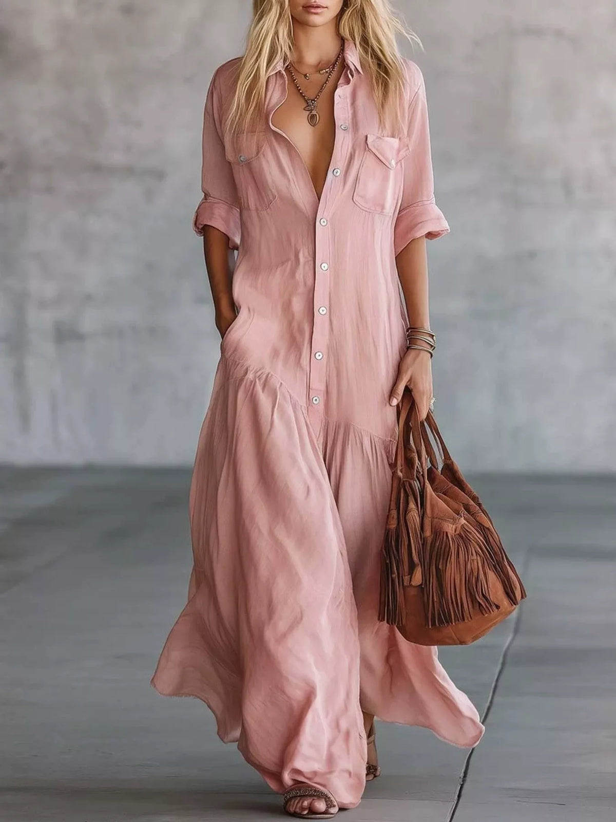 Plus size plush fashion hub maxi dress with button front, roll-up sleeves, and flowy design in full size.