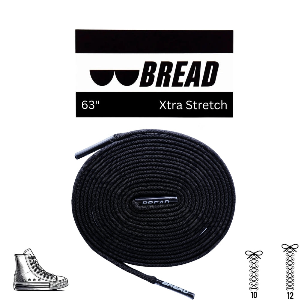 Black elastic shoelaces by Bread called Shadow Black, shown laced through sneakers for a snug, versatile fit.