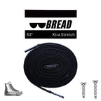 Black elastic shoelaces by Bread called Shadow Black, shown laced through sneakers for a snug, versatile fit.