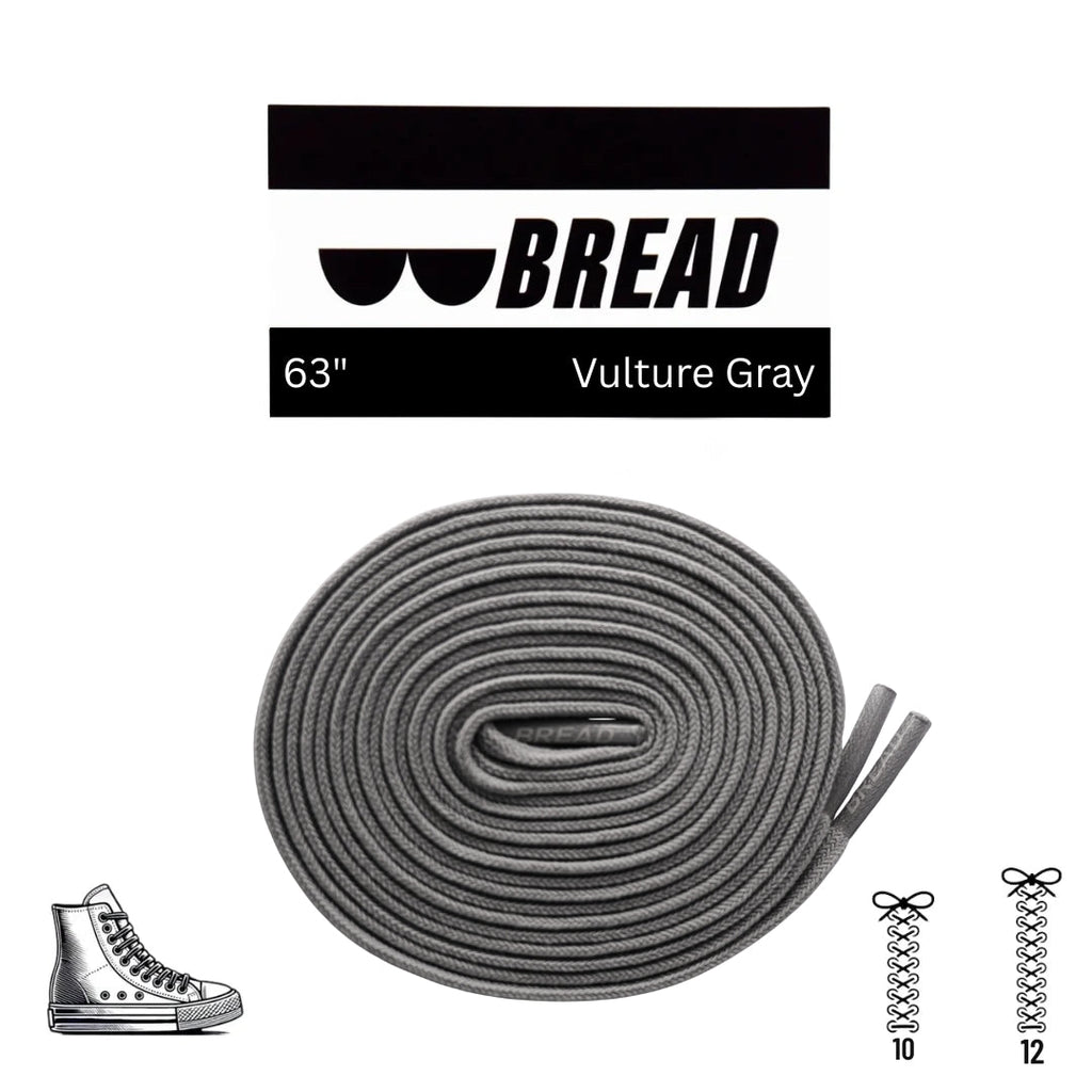 Gray elastic shoelace from Bread's Vulture collection, showing close-up of stretchable, durable laces for sneakers.