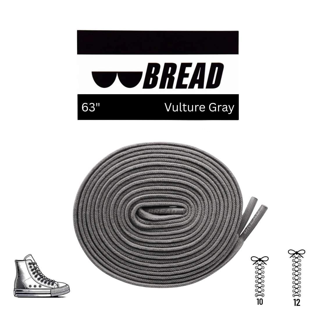 Gray elastic shoelace from Bread's Vulture collection, showing close-up of stretchable, durable laces for sneakers.