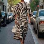 Flowy maxi dress with geometric print, batwing sleeves, casual wear by Plush Fashion Hub, available in XS to XXXL.