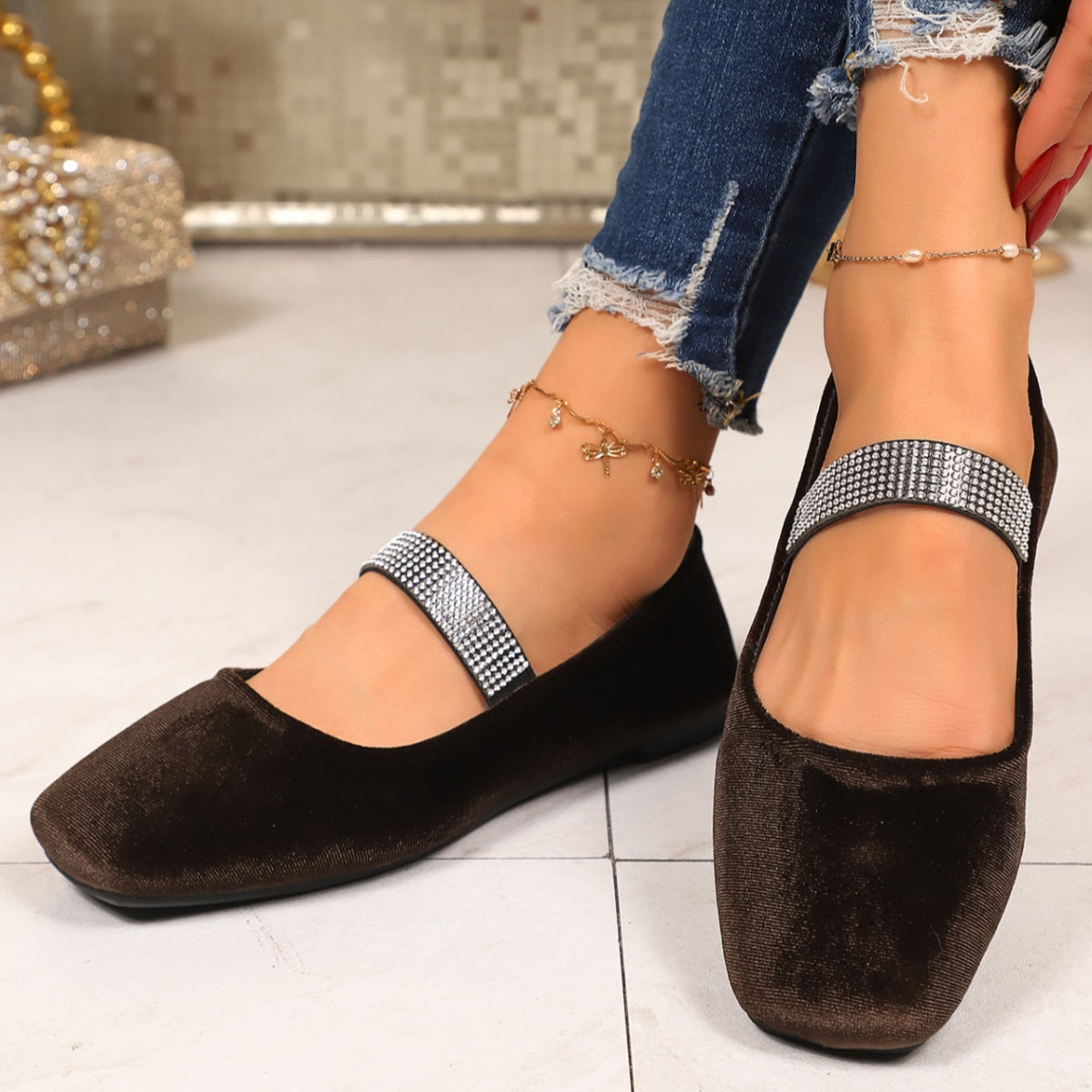 Rhinestone-embellished square toe slip-on flats for women by Plush Fashion Hub, featuring sparkling rhinestones and a sleek design.