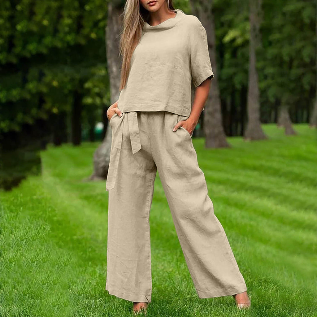 FitiqueFit casualwear two-piece set with round-neck 3/4 sleeve top and matching pants in six colors, available in S to XXL.