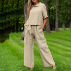 FitiqueFit casualwear two-piece set with round-neck 3/4 sleeve top and matching pants in six colors, available in S to XXL.