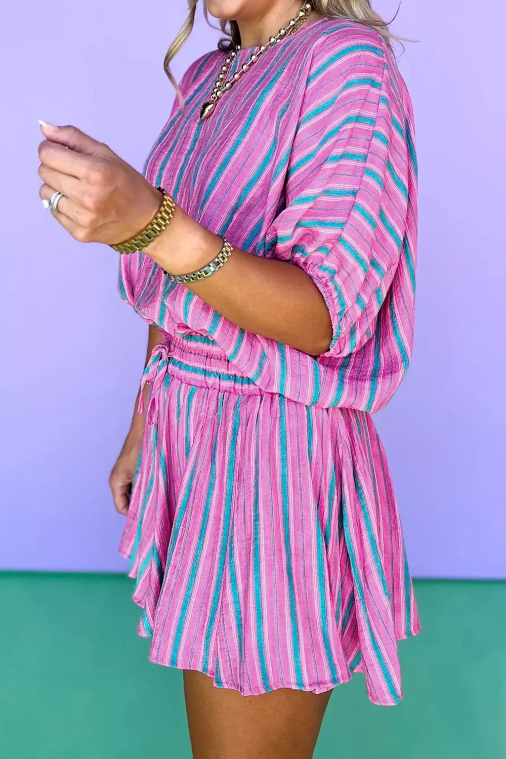 Plush Fashion Hub stripe dolman short sleeve blouse with drawstring waist, paired with matching loose shorts set, casual summer outfit.