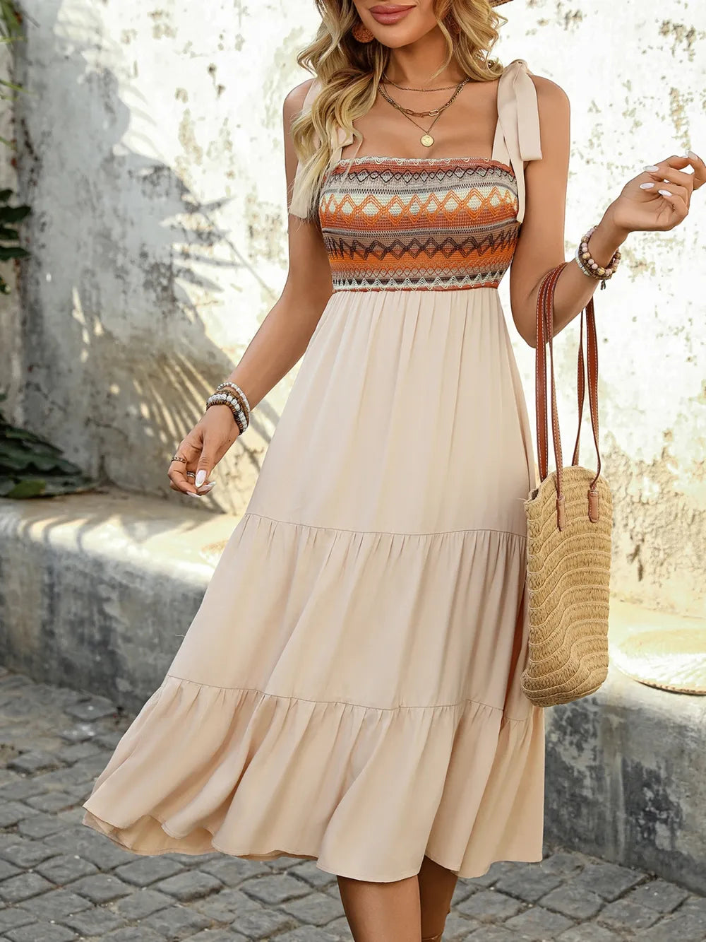 Plush Fashion Hub tie shoulder square neck tiered midi dress with layered skirt and sleeveless design, perfect for summer.