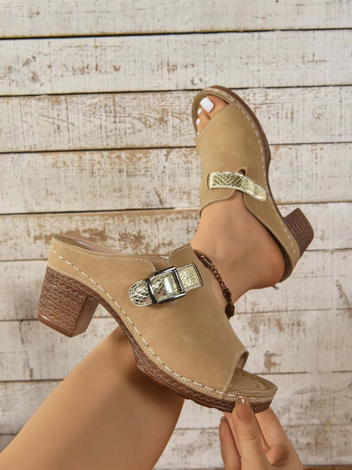Plush Fashion Hub buckle block heel sandals with ankle straps, stylish open-toe design, and neutral beige color.
