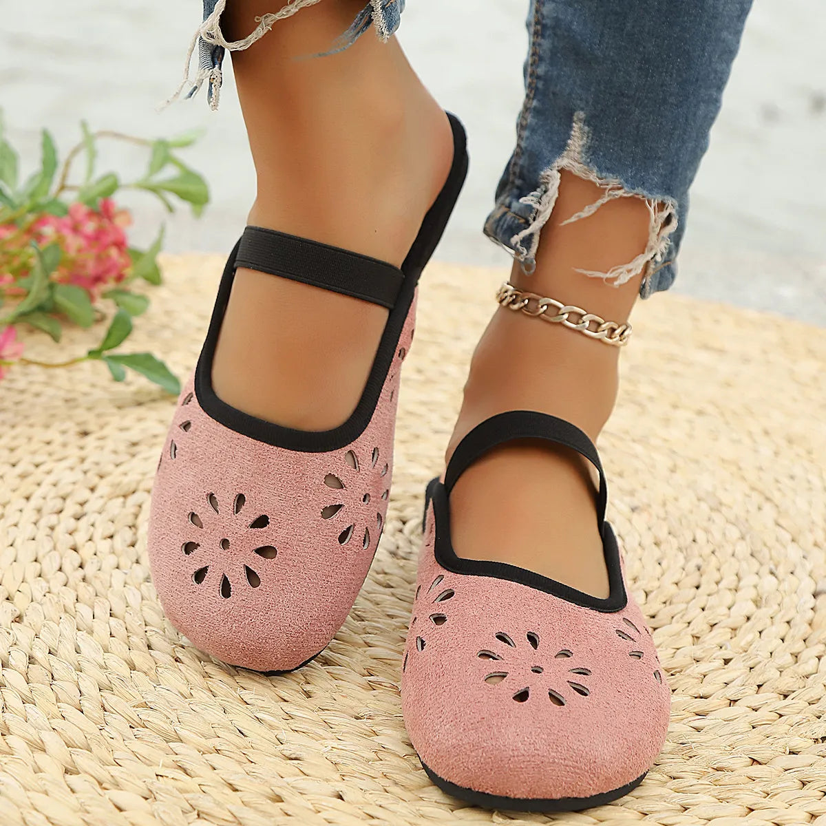 Women's slip-on flats with cutout design and round toe, made from premium PU leather by Plush Fashion Hub.