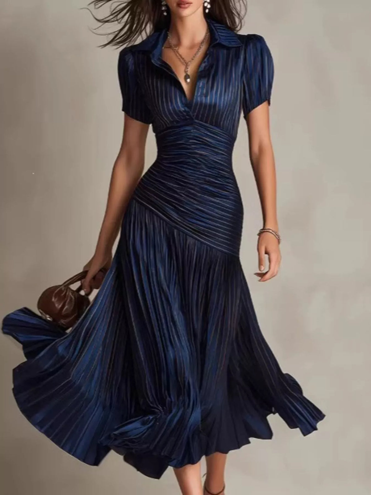 Pleated striped short sleeve midi dress by Plush Fashion Hub, featuring a flowy design with horizontal stripe pattern and pleated details.