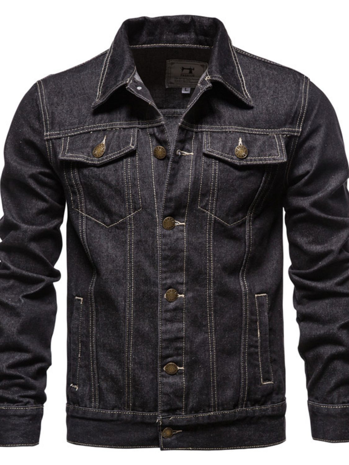 Men's long sleeve denim jacket by Plush Fashion Hub with button-down front and classic blue denim fabric.