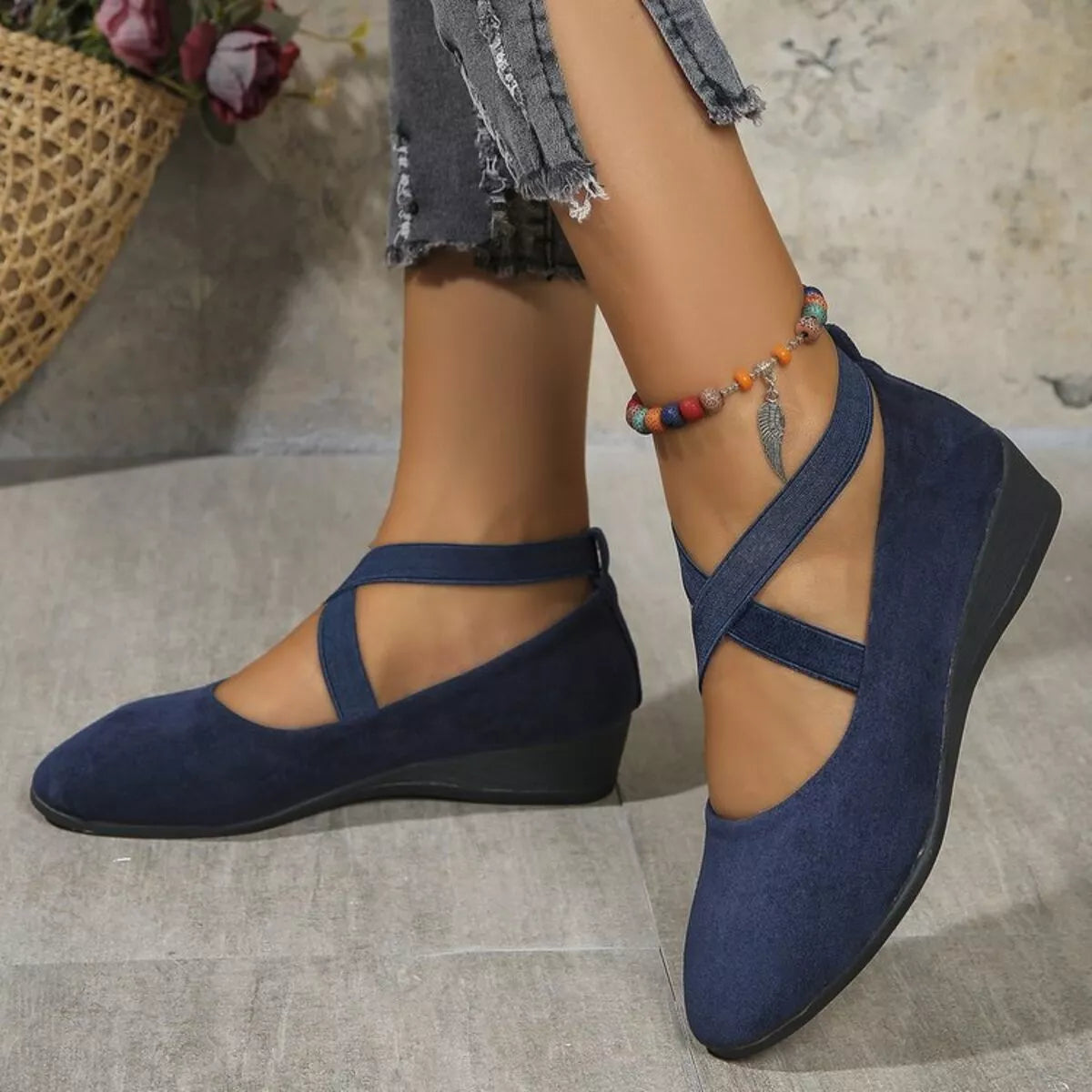 Trendsi round toe wedge loafers in black leather with low heel, stylish footwear for casual or office wear.