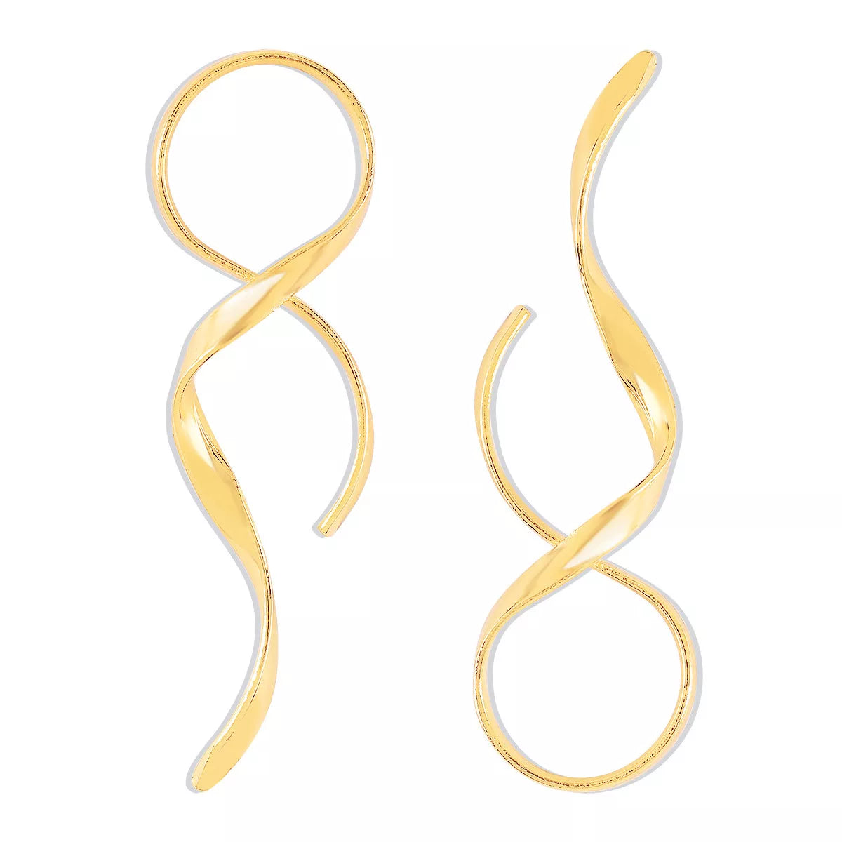 Shiny silver alloy spiral drop earrings with a smooth, curved design hanging from fishhook ear wires.