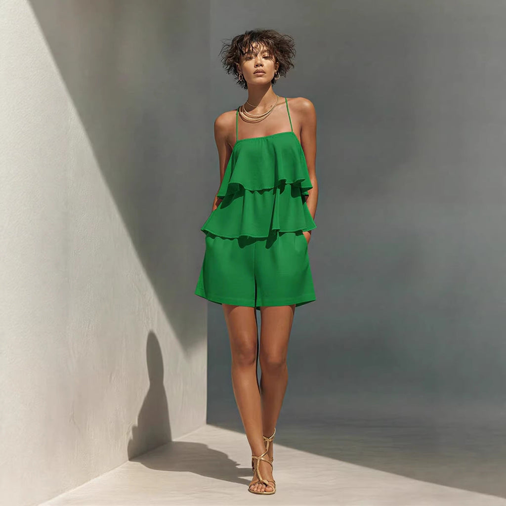 Women's multi-layer ruffle camisole and shorts set by FitiqueFit, casualwear with feminine ruffle details and relaxed fit.