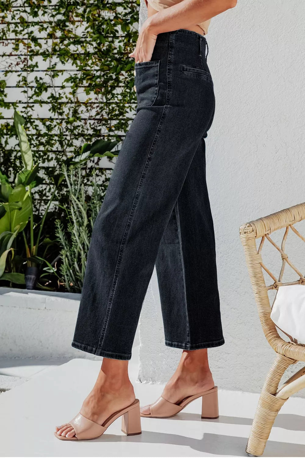 Plush Fashion Hub high-waisted wide-leg jeans with button-fly, soft plush fabric, and a stylish relaxed fit.