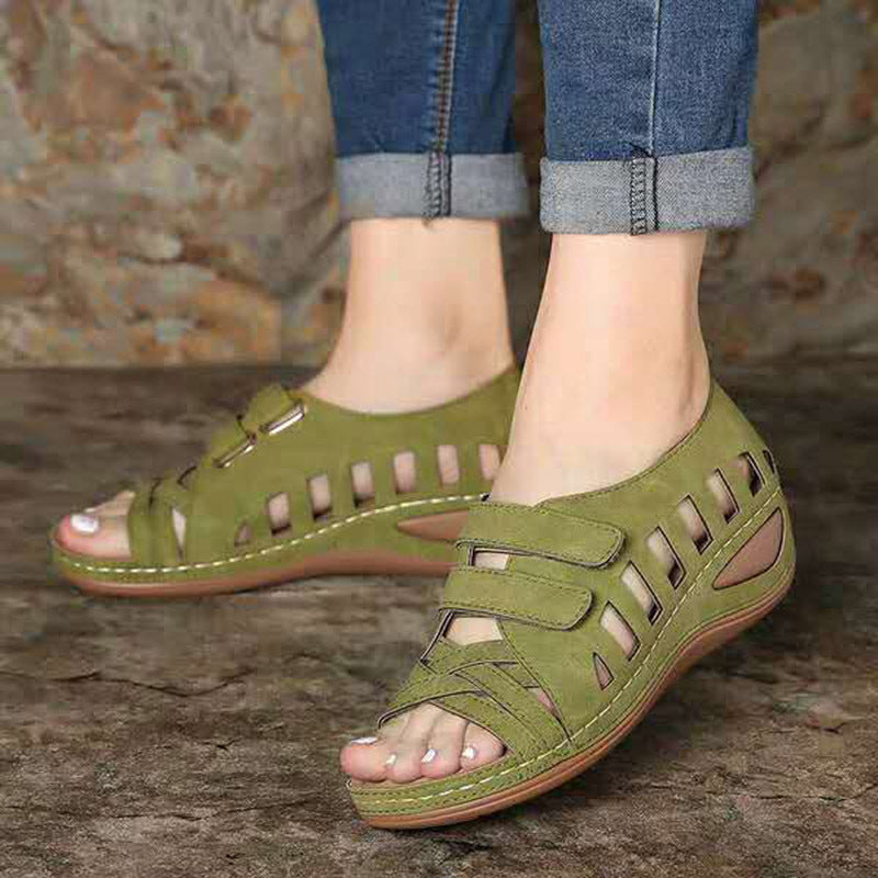 European and American large size hollow platform Velcro sandals by LadyShow.Store with chunky sole and adjustable straps.